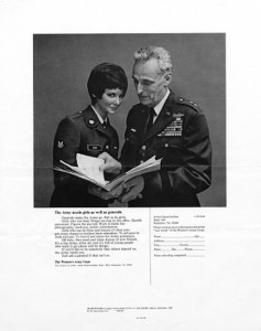 The decorated general and smiling WAC cadet girl work together. It ran in Co-Ed magazine and Ingénue magazine in December 1969. N.W. Ayer Advertising Records, “The Army Needs Girls,” 1968, print ad, NMAH.